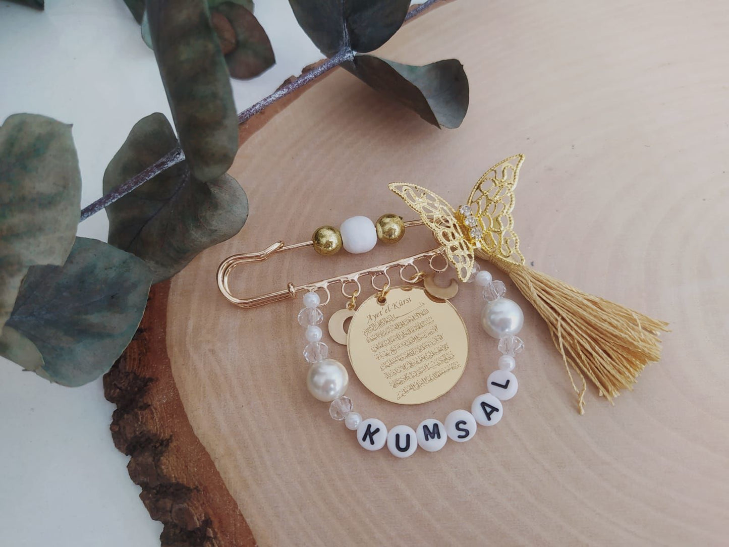 Ayetel Kürsi Dualı İsimli Süslemeli Bebek Nazarlık Yaka İğnesi Bebek Maşallah İğnesi Bebek Hediye