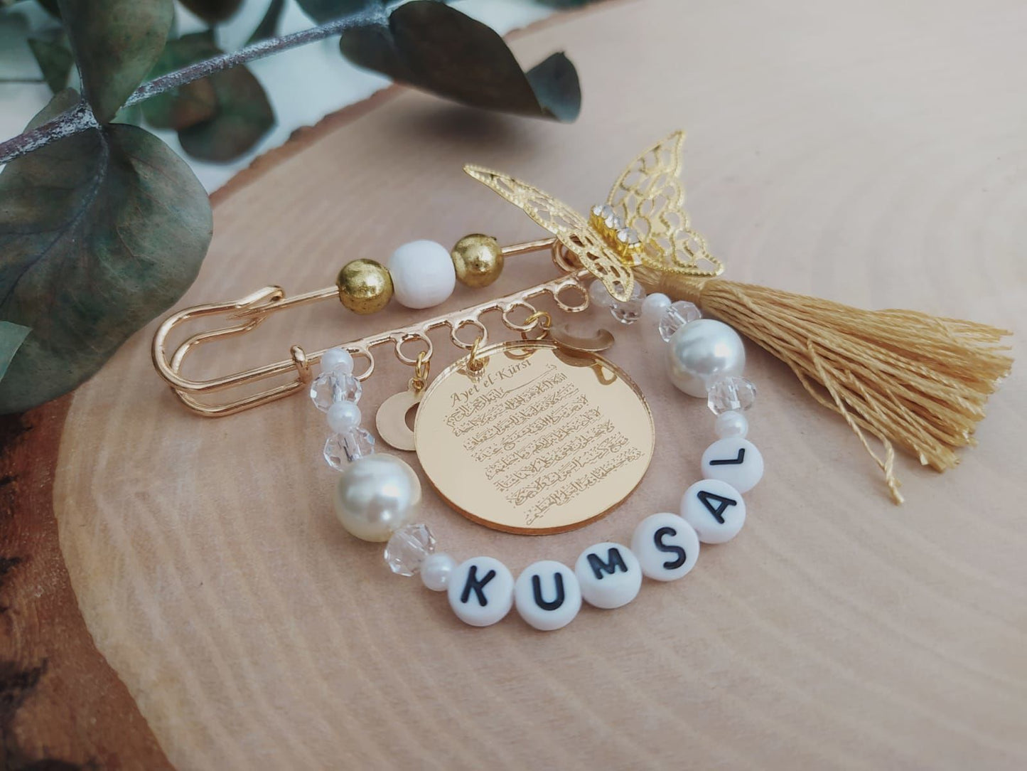 Ayetel Kürsi Dualı İsimli Süslemeli Bebek Nazarlık Yaka İğnesi Bebek Maşallah İğnesi Bebek Hediye