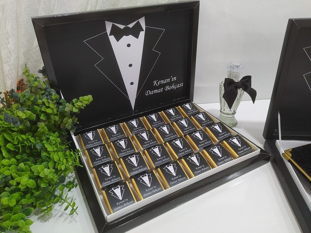 Kişiye Özel Damat Bohça Çikolatası Karton Kutulu Kolonya Şişesi Hediye