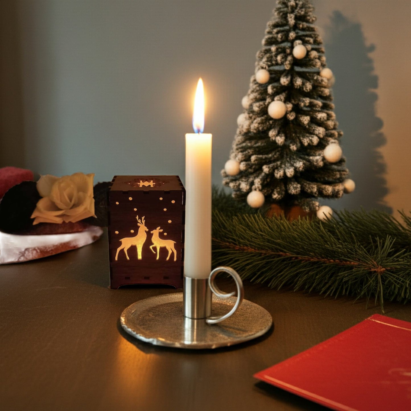 Yılbaşı Masası Dekoru, Yılbaşı Kış Temalı Ahşap Mumluk