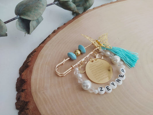 Ayetel Kürsi Dualı İsimli Süslemeli Bebek Nazarlık Yaka İğnesi Bebek Maşallah İğnesi Bebek Hediyelik